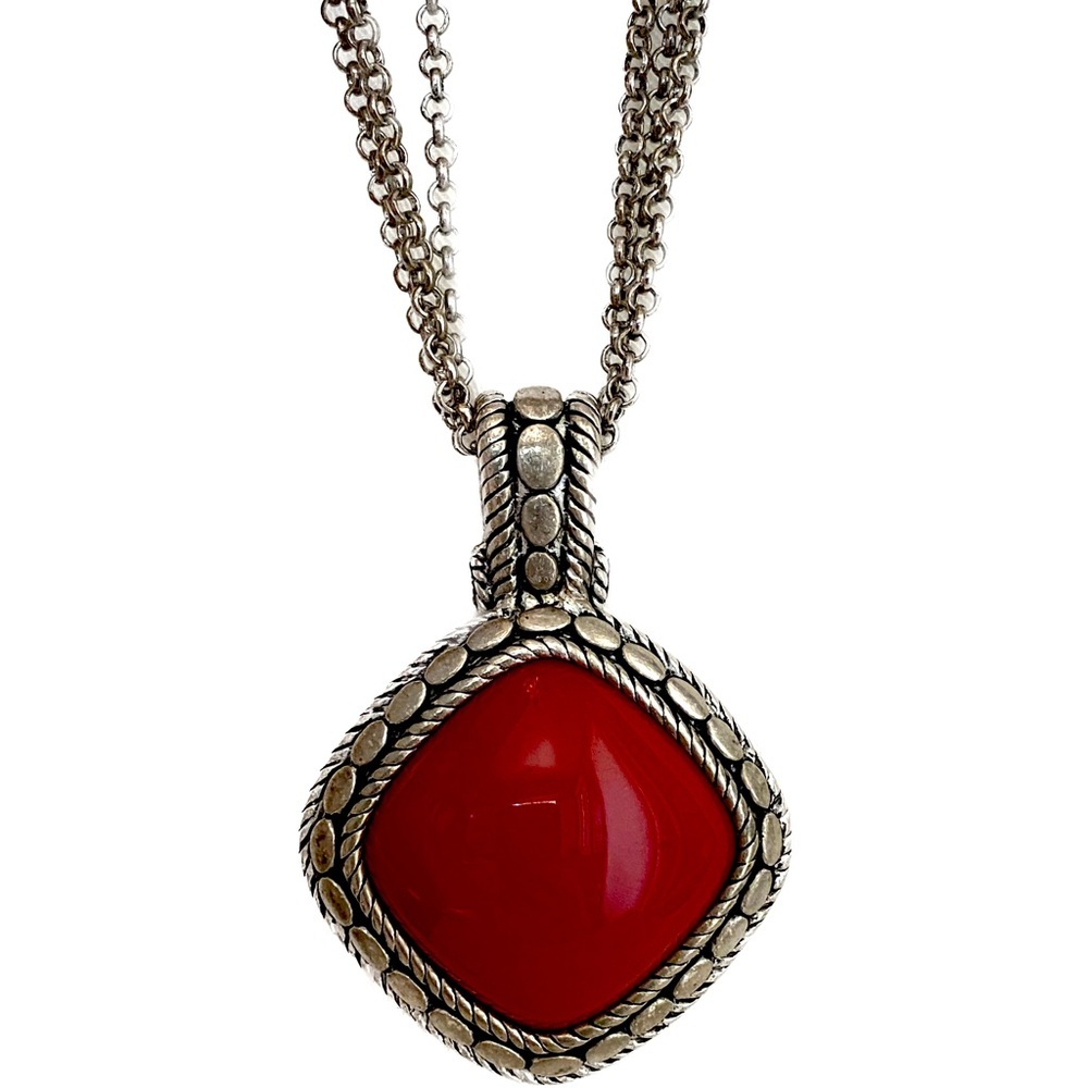 Vintage 90s heavy silver metal stamped PD necklace w/ Lucite red stone pendant